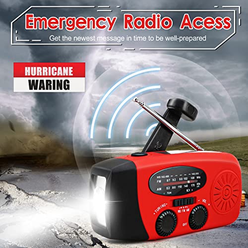 [Upgraded Version] Emergency Weather AM/FM NOAA Solar Powered Wind up Radio with LED Flashlight, 1000/2000mAh Power Bank for Cell Phone and LED Flashlight (Red)