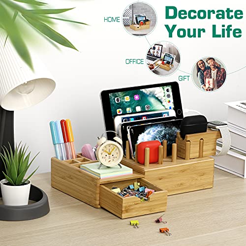 7 in 1 Bamboo Charging Station for Multiple Devices - Darfoo Wood Charging Dock Organizer with Drawer, 7 USB Charging Ports Compatible with Cell Phones, Tablet, Smart Watch & Earbud