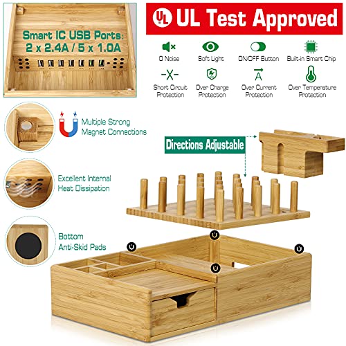 7 in 1 Bamboo Charging Station for Multiple Devices - Darfoo Wood Charging Dock Organizer with Drawer, 7 USB Charging Ports Compatible with Cell Phones, Tablet, Smart Watch & Earbud