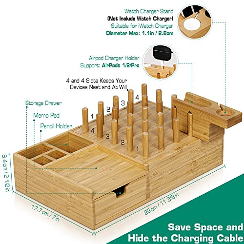 7 in 1 Bamboo Charging Station for Multiple Devices - Darfoo Wood Charging Dock Organizer with Drawer, 7 USB Charging Ports Compatible with Cell Phones, Tablet, Smart Watch & Earbud