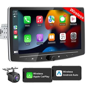 10 inch single din touchscreen car stereo with wireless carplay & wireless android auto, adjustable android car radio with live rearview backup camera, bluetooth am/fm wifi, gps navigation, 2+32g