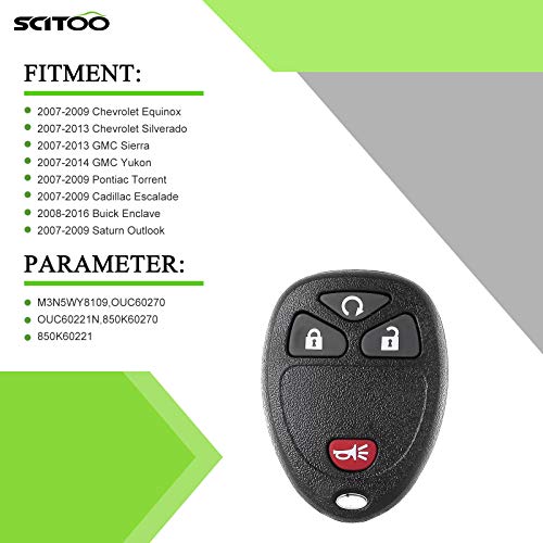 SCITOO Keyless Entry Remote Control Key Fob Clicker Transmitter 4 Buttons 1PC fits 2007-2016 Chevrolet Buick GMC Pontiac Cadillac Saturn Suzuki M3N5WY8109 OUC60270 OUC60221N 850K60270