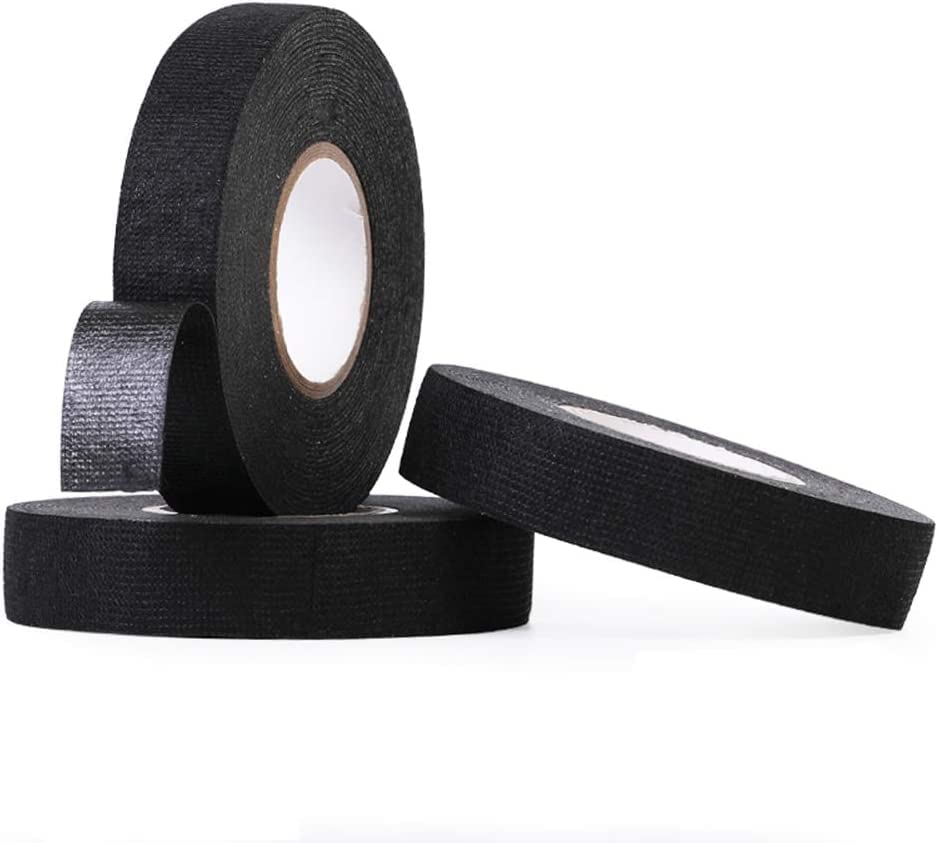 4 Rolls Wire Loom Harness Tape, Wiring Harness Cloth Tape, Black Adhesive Fabric Tape, for Automobile Electrical Wire harnessing Noise Dampening Heat Proof （19mm X 25m）