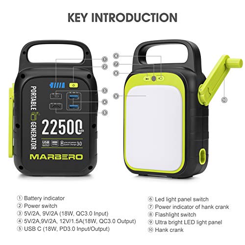 MARBERO 22500mAh Portable Charger with Bright LED Flashlight for Camping, Small Power Station QC/PD 3.0 Charges Quickly for iPhone, Samsung, iPad, Special Hand-cranked