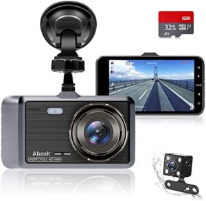 dash cam abask,dash cam front and rear with 32g sd card included,4 inch dash camera for cars, 1080p,170° wide angle,night vision wdr g-sensor parking monitor loop recording motion detector