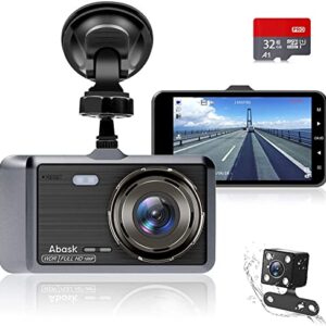 Dash Cam Abask,Dash Cam Front and Rear with 32G SD Card Included,4 inch Dash Camera for Cars, 1080P,170° Wide Angle,Night Vision WDR G-Sensor Parking Monitor Loop Recording Motion Detector