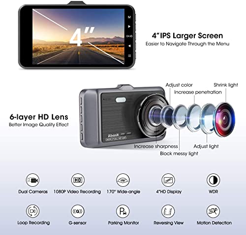 Dash Cam Abask,Dash Cam Front and Rear with 32G SD Card Included,4 inch Dash Camera for Cars, 1080P,170° Wide Angle,Night Vision WDR G-Sensor Parking Monitor Loop Recording Motion Detector