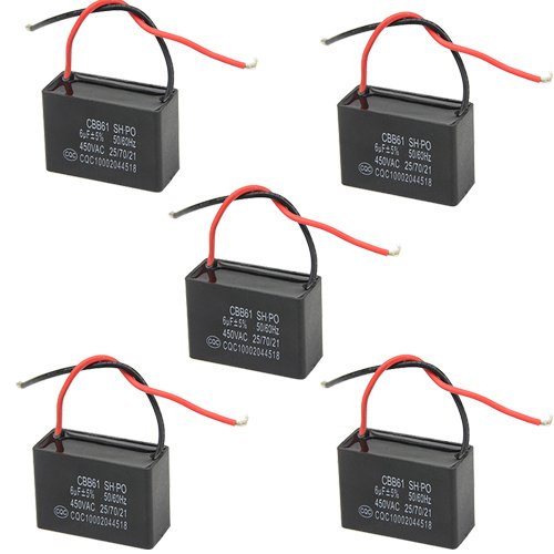 WMYCONGCONG 5 PCS CBB61 Ceiling Fan Capacitor Replacement 2 Wire Metalized Polypropylene Film Capacitors for Wall Fan Motor Run Capacitor 6 uF 450V 50/60 Hz