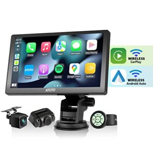 atoto p8 portable wireless android auto 7inch car stereo, wireless carplay, with 1080p dual recording cameras, remote control, wdr & auto dimmer, fast charge, support up to 128g sd, p807pr