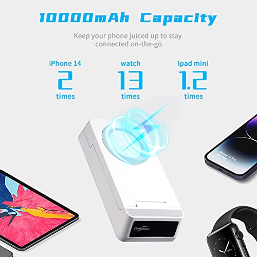 10000mAh Battery Pack for Magsafe Charger Stand, 3 in 1 Magnetic Wireless Fast Charging Station for Apple iPhone 14/13/12 Pro Max Plus Mini, Iwatch, AirPods, PD 18W USB-C Foldable Power Stand