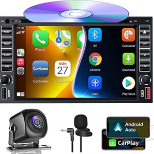 Double Din Car Stereo Radio With CD/DVD Player, Voice Control Carplay & Android Auto, 7 inch Car Audio With HD Touchscreen, Bluetooth, Mirror Link, Backup Camera, SWC, FM/AM, USB/SD, A/V Input (Black)