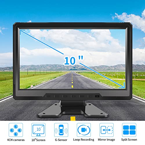 VSYSTO X10 HD Backup Camera and Dashcam System 10-inch LCD Quad Split View with 4 Channel Separate Sync Recording Waterproof Night Vision Cameras Front Rear Side View for Semi Truck Van RV Trailer