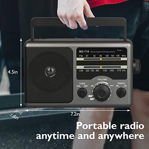 Portable AM FM Radio Transistor Radio Operated by 4 D-Cell Batteries or AC Power with Excellent Reception, Large Speaker, 3.5 mm Earphone Jack, Two Tone Mode, Big Handle for Outdoor or Indoor