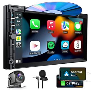 double din car stereo with cd dvd, backup camera supports carplay/android auto, 7 inch touchscreen car radio bluetooth 5.2, am/fm radio receiver head unit with mirror link, swc, subwoofer, usb/tf/aux