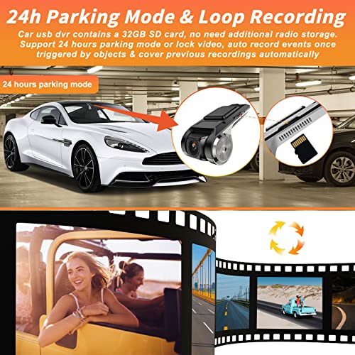 Hikity USB DVR On-Dash Camera - Loop Recording Dashcam with 32GB SD Card 24H Parking Mode Dash Camera for Cars Driving Recorder LDWS FCWS G-Sensor Dash Cam for Android Radio Stereo GPS DVD