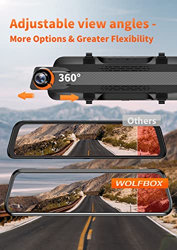 WOLFBOX 2.5K Dash Cam Mirror for Car, Rear View Mirror Camera with 10" IPS Full Touch Screen, Dual Dash Camera 1440P Front and Rear Mirror with 1080P Backup Camera, Free TF Card & GPS