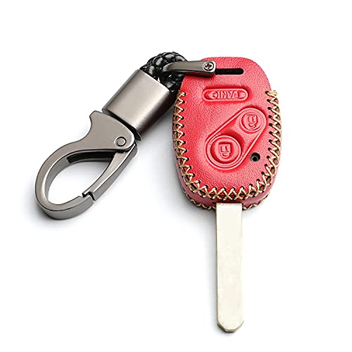 WFMJ Leather for Honda Fit Odyssey Ridgeline Accord CR-V CR-Z Insight 3 Buttons Key Case Cover Fob Chain (Red)