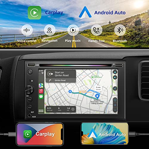 Double Din Car Stereo with CD/DVD Player, 7-inch Touch Screen Car Stereo with Apple CarPlay&Android Auto, Bluetooth5.2, Backup Camera, Mirror Link, Subwoofer, SWC, Subwoofer, AM/FM Car Radio Receiver