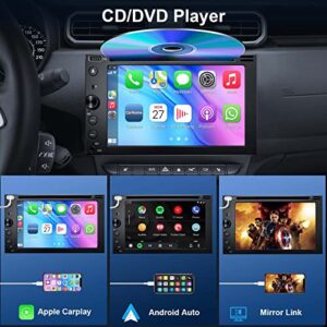 Double Din Car Stereo with CD/DVD Player, 7-inch Touch Screen Car Stereo with Apple CarPlay&Android Auto, Bluetooth5.2, Backup Camera, Mirror Link, Subwoofer, SWC, Subwoofer, AM/FM Car Radio Receiver