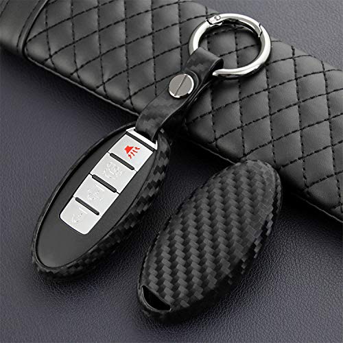 M.JVisun Soft Silicone Rubber Carbon Fiber Texture Cover for Nissan 370Z Altima Maxima Murano Armada GT-R Leaf Sentra Rogue Pathfinder Versa Smart 2 3 4 5 Buttons Car Key Fob Remote Case - Black