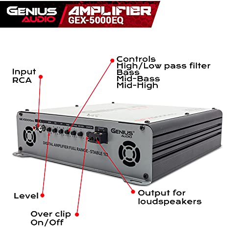 Genius Audio GEX5000EQ Digital Full Range Car Amplifier Monoblock 5000 Watts RMS Class D 1-Ohm Stable with Power Protection System and Bass Boost for Speaker and Woofer Performance