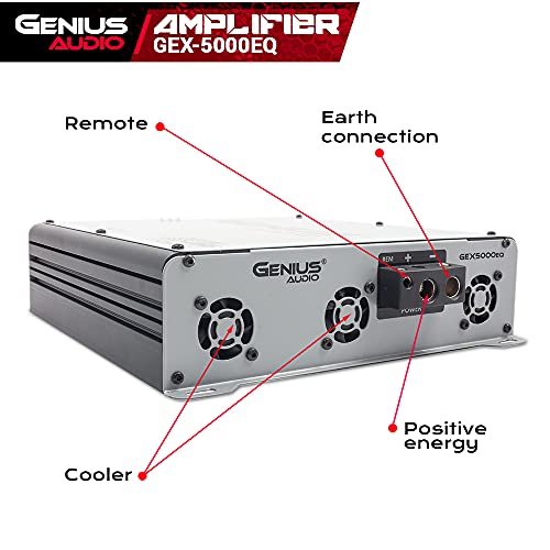 Genius Audio GEX5000EQ Digital Full Range Car Amplifier Monoblock 5000 Watts RMS Class D 1-Ohm Stable with Power Protection System and Bass Boost for Speaker and Woofer Performance