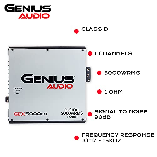 Genius Audio GEX5000EQ Digital Full Range Car Amplifier Monoblock 5000 Watts RMS Class D 1-Ohm Stable with Power Protection System and Bass Boost for Speaker and Woofer Performance