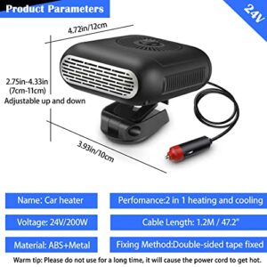 Portable Car Heater, 2 in 1 Fast Heating & Cooling Function Car Defroste Automobile Windscreen Fan Cars Defogger Plug in Cigarette Lighter (24V 220W)