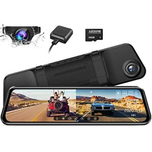 azdome 12″ mirror dash cam backup camera, 1080p full hd smart rearview mirror for cars & trucks, 1080p front and rear view dual cameras, night vision, parking assistance, free 64gb card & gps