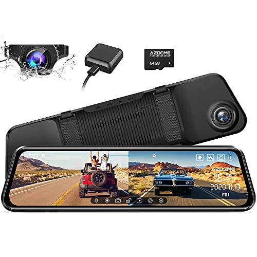 AZDOME 12" Mirror Dash Cam Backup Camera, 1080P Full HD Smart Rearview Mirror for Cars & Trucks, 1080P Front and Rear View Dual Cameras, Night Vision, Parking Assistance, Free 64GB Card & GPS