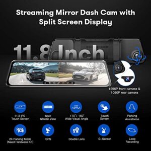 AZDOME 12" Mirror Dash Cam Backup Camera, 1080P Full HD Smart Rearview Mirror for Cars & Trucks, 1080P Front and Rear View Dual Cameras, Night Vision, Parking Assistance, Free 64GB Card & GPS