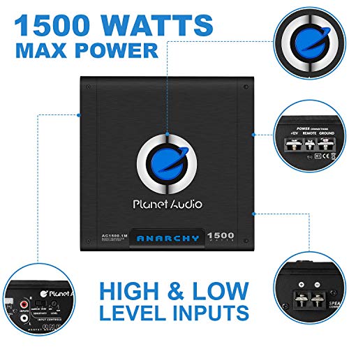 Planet Audio AC1500.1M Monoblock Car Amplifier - 1500 Watts Max Power, 2/4 Ohm Stable, Class A/B, Mosfet Power Supply, Remote Subwoofer Control