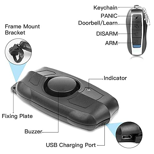 120db Security Alarm, Wireless Bike Motorcycle Wireless Remote Control USB Charge Vibration Security Alarm Anti-Thief Alerter for Scooter, Bicycle, Vehicle, Door and Window or Anything