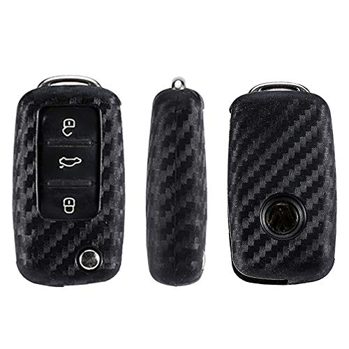 Royalfox(TM) soft black silicone carbon fiber smart keyless remote Key Fob case Cover For VW Volkswagen Jetta GTI Passat Golf Bora Polo Tiguan Touareg Beetle Multivan keychain (for old 3 buttons)