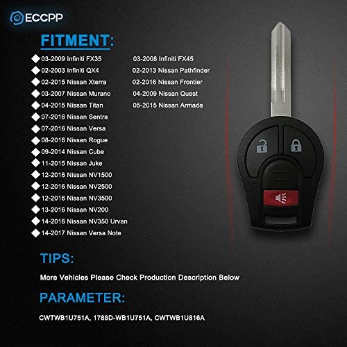 ECCPP Remote Key Fob replacement for Infiniti for FX35 FX45 QX4 for Nissan for Rogue for Xterra for Frontier for Murano for Quest for Titan for Armada for Sentra CWTWB1U751A 1788D-WB1U751A-2pcs