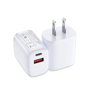 usb c wall charger block 20w, 2-pack dual port power delivery usb-c usb a fast charging block, pd & qc 3.0 type c adapter for iphone 14/13/12/11/pro max, ipad pro, airpods pro, samsung & more (white)