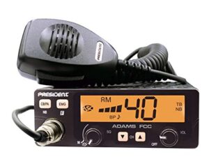 president adams fcc cb radio, large lcd with 7 colors, programmable emg channel shortcuts, roger beep and key beep, electret or dynamic mic, asc and manual squelch, talkback