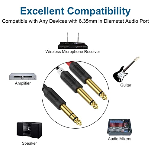 J&D 1/4 inch TRS Stereo Y Splitter Insert Cable, Gold Plated Audiowave Series 6.35mm 1/4 inch TRS Male to Dual 6.35mm 1/4 inch TS Male Mono Breakout Cable, Audio Cord, 15 Feet