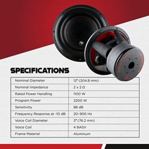 AudioPipe TXX-BDC4-12D 12 Inch 2,200 Watt High Performance Powerful Dual 2 Ohm DVC Vehicle Car Audio Subwoofer Speaker System, Black