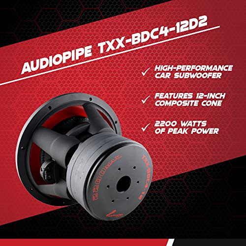 AudioPipe TXX-BDC4-12D 12 Inch 2,200 Watt High Performance Powerful Dual 2 Ohm DVC Vehicle Car Audio Subwoofer Speaker System, Black