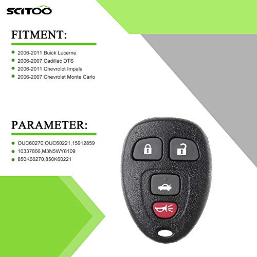 SCITOO Keyless Entry Remote Control Key Fob Replacement for 4 Buttons 2006-2011 for Chevy for Impala for Monte Carlo for Impala for Buick Lucerne for Cadillac DTS 1PC FCC OUC60270