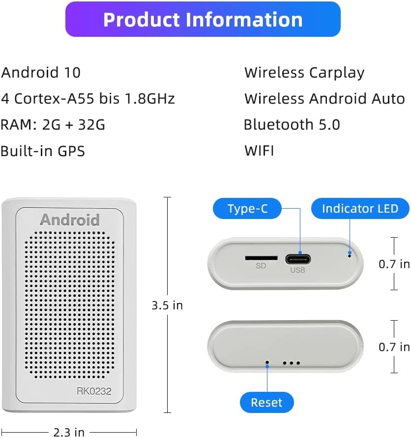 Velany Store Wireless Carplay AI Box, Carplay Adapter, Andriod Auto Suitable for Any car Model, 2G+32G, GPS Navigation, Bluetooth 5.0,FM, Music, Video,Fast Connection