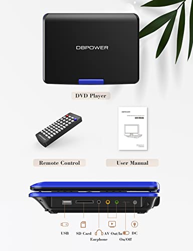 DBPOWER 11.5" Portable DVD Player, 5-Hour Built-in Rechargeable Battery, with 9" Swivel Screen, Support CD/DVD/SD Card/USB, with Remote control, 1.8M Car Charger and Power Adaptor (Blue)