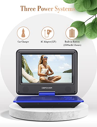 DBPOWER 11.5" Portable DVD Player, 5-Hour Built-in Rechargeable Battery, with 9" Swivel Screen, Support CD/DVD/SD Card/USB, with Remote control, 1.8M Car Charger and Power Adaptor (Blue)
