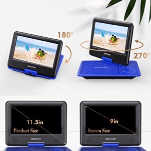 DBPOWER 11.5" Portable DVD Player, 5-Hour Built-in Rechargeable Battery, with 9" Swivel Screen, Support CD/DVD/SD Card/USB, with Remote control, 1.8M Car Charger and Power Adaptor (Blue)