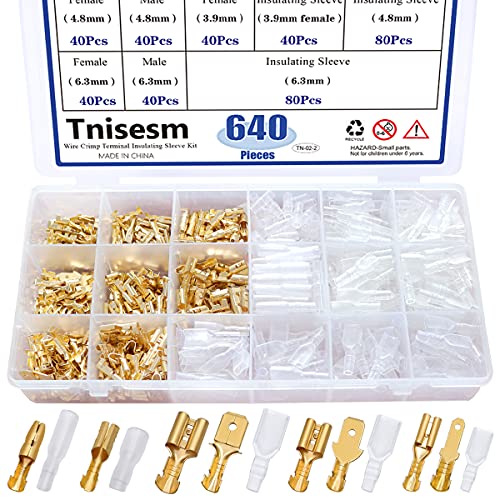 Tnisesm 640Pcs 2.8/4.8/6.3mm Male and Female Spade Connector & Bullet Connectors Terminals Wire Crimp Terminal with Insulating Sleeve Assortment Kit for Car Audio Speaker Electrical Wiring TN-02-2