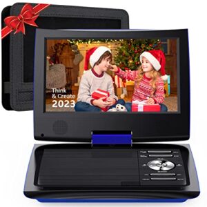 sunpin 11″ portable dvd player for car and kids with 9.5 inch hd swivel screen, 5 hour rechargeable battery, dual earphone jack, supports sd card/usb/cd/dvd, with extra headrest mount case (blue)