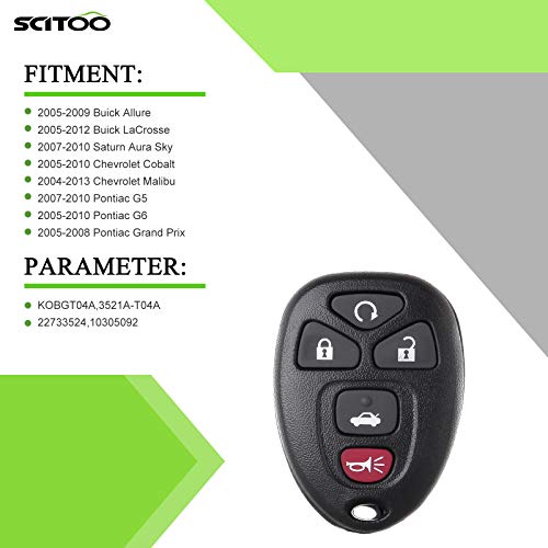 Keyless Entry Remote Start Car Key Fob for 22733524 KOBGT04A Malibu Cobalt G5 G6 Grand Prix Lacrosse Allure 5 Button key clicker