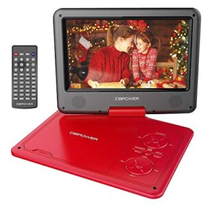dbpower 11.5″ portable dvd player, 5-hour built-in rechargeable battery, 9″ swivel screen, support cd/dvd/sd card/usb, remote control, 1.8 meter car charger, power adaptor and car headrest (red)