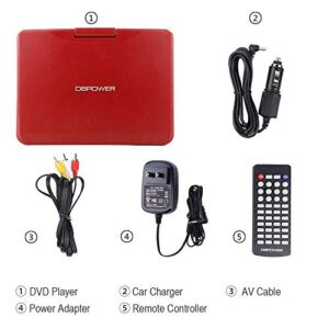 DBPOWER 11.5" Portable DVD Player, 5-Hour Built-in Rechargeable Battery, 9" Swivel Screen, Support CD/DVD/SD Card/USB, Remote Control, 1.8 Meter Car Charger, Power Adaptor and Car Headrest (Red)